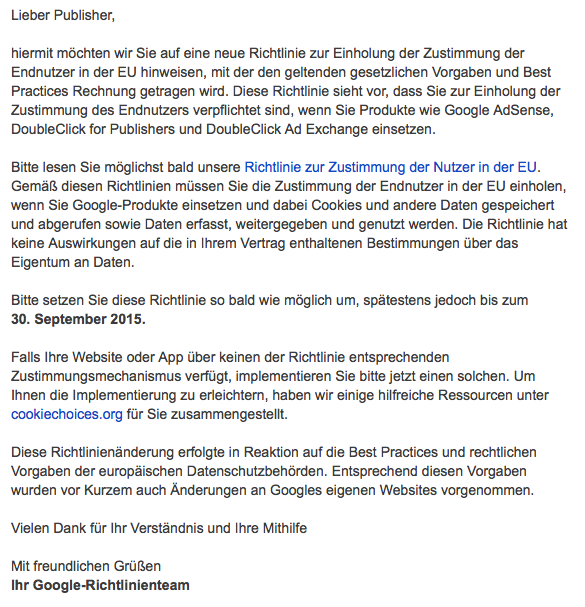 Google ändert die Nutzerrichtlinien – Zeit für ein Hinweis auf Nutzung von Cookies